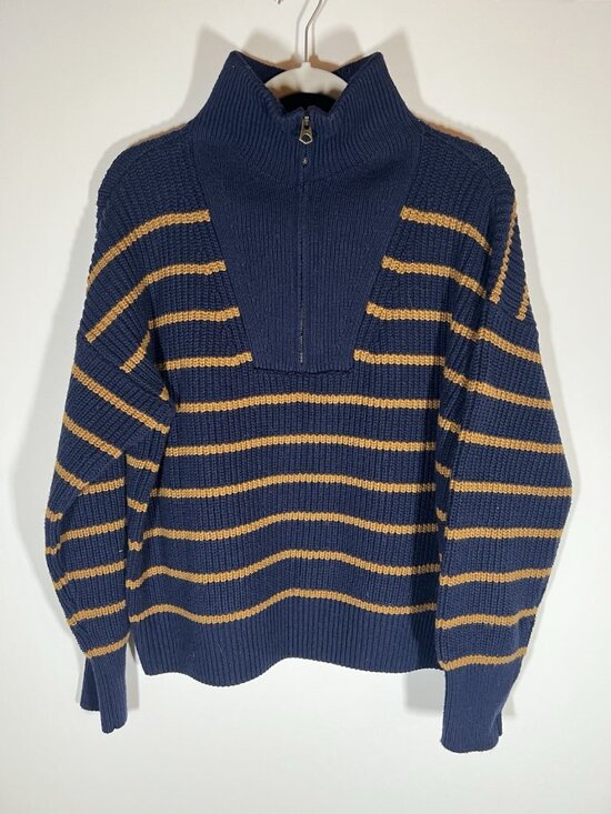 FAHERTY Blue Gold Mariner Stripe quarter zip sweater preppy cotton blend Large - Picture 1 of 9
